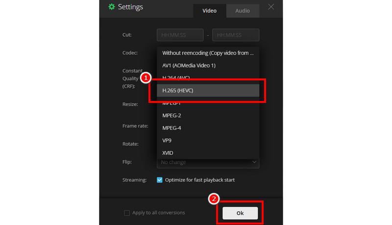 Раскрытый список Codec в настройках Convertio с режимом Without reencoding