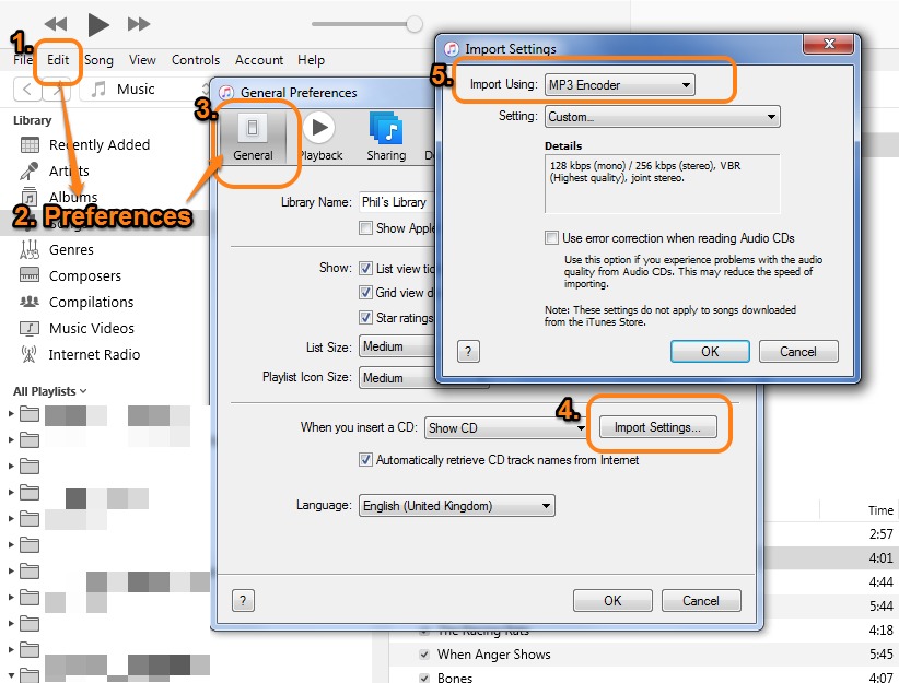 Окно Import Settings в iTunes для Windows с выбранным MP3 Encoder