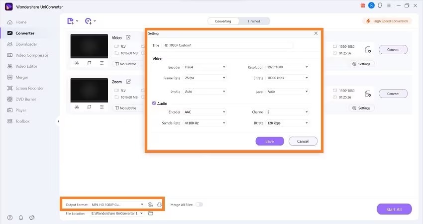 Wondershare UniConverter с модулем Converter и настройками выходного видео