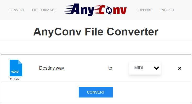 Интерфейс AnyConv с заданием преобразования WAV в MIDI
