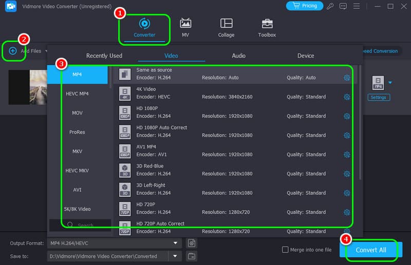 Vidmore Video Converter с выбором формата и кнопкой Convert All