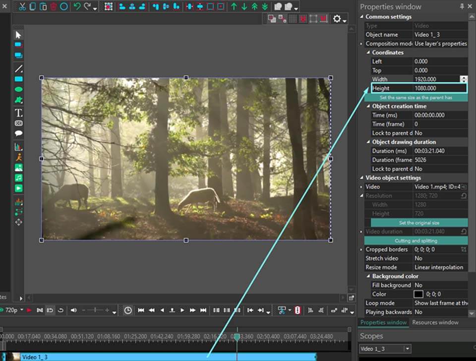 VSDC Video Editor с выделенным параметром Height в окне Properties