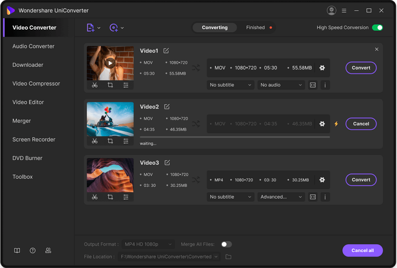 Модуль Converter в Wondershare UniConverter с областью добавления файлов и настройкой формата