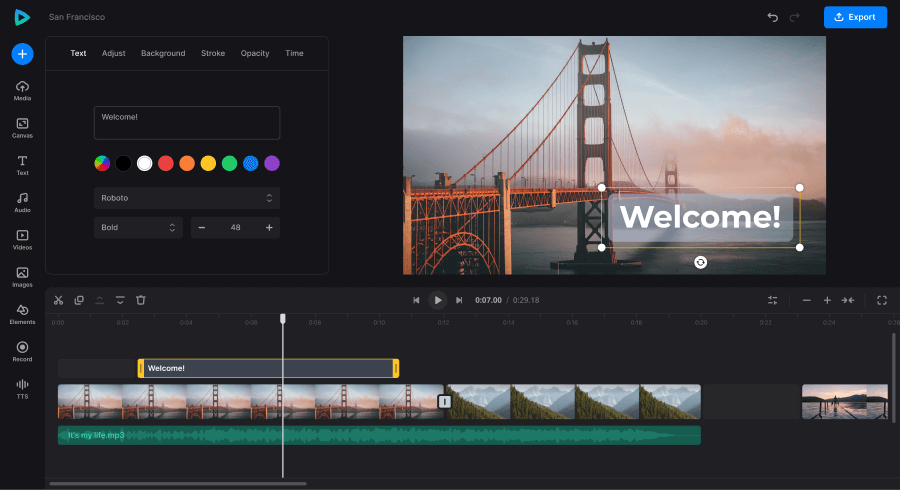 Интерфейс Clideo Add Text to Video с текстовым блоком и таймлайном