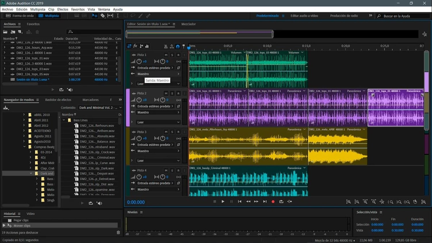 Многодорожечный интерфейс Adobe Audition с несколькими аудиоклипами