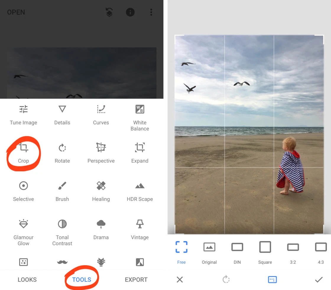 Snapseed с меню Tools и открытым инструментом Crop на мобильном устройстве