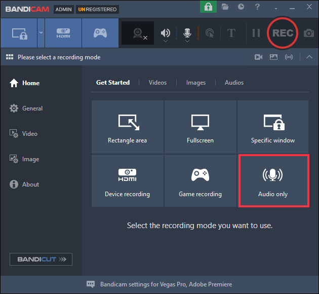 Режим Audio only в Bandicam для записи звука без видео
