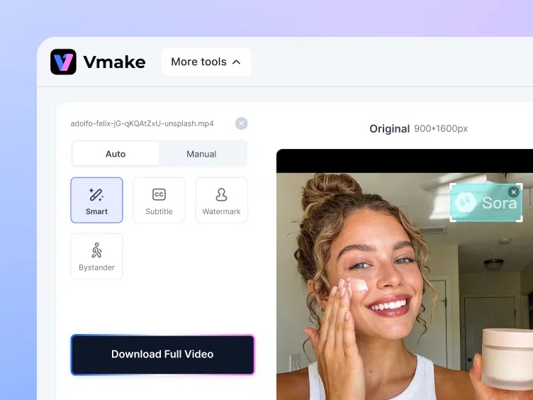 Интерфейс Vmake Labs Watermark and Text Remover с сравнением оригинала и результата