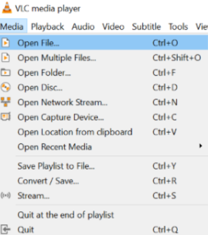 Меню Media в VLC media player с командой Open File