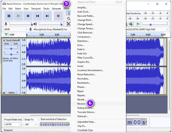 Команда Reverse в старом интерфейсе Audacity 3