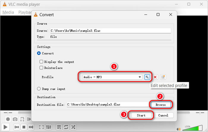 Окно Convert в VLC media player с профилем Audio MP3