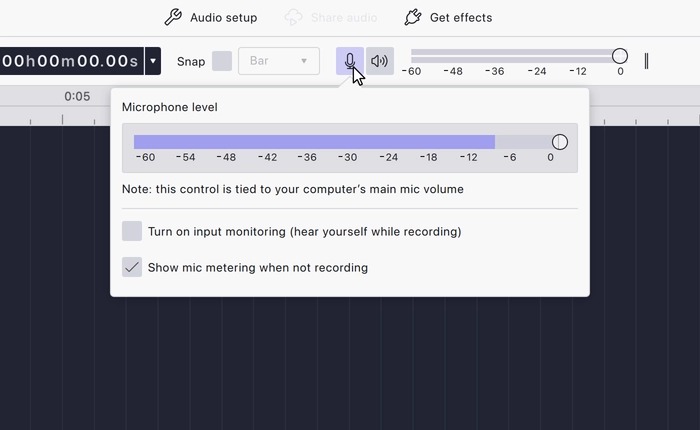 Индикатор уровня записи микрофона в Audacity