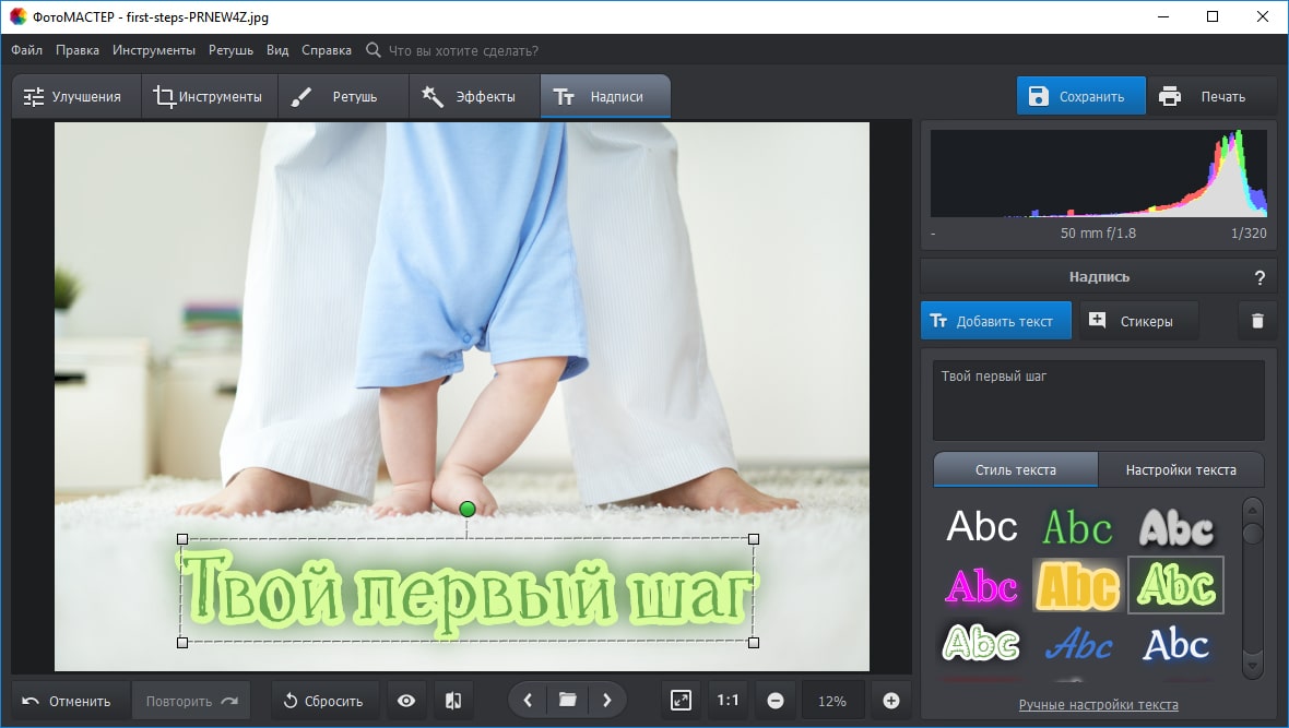 Панель добавления текста в ФотоМАСТЕР с настройками шрифта и оформления