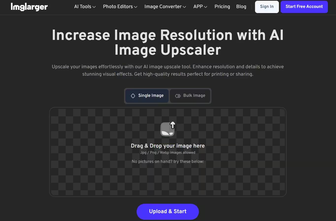 Интерфейс AI Image Enlarger ImgLarger с загрузкой изображения для апскейла