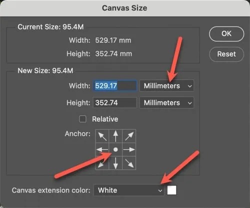 Диалог Canvas Size в Adobe Photoshop с настройкой размера холста и цвета добавленной области