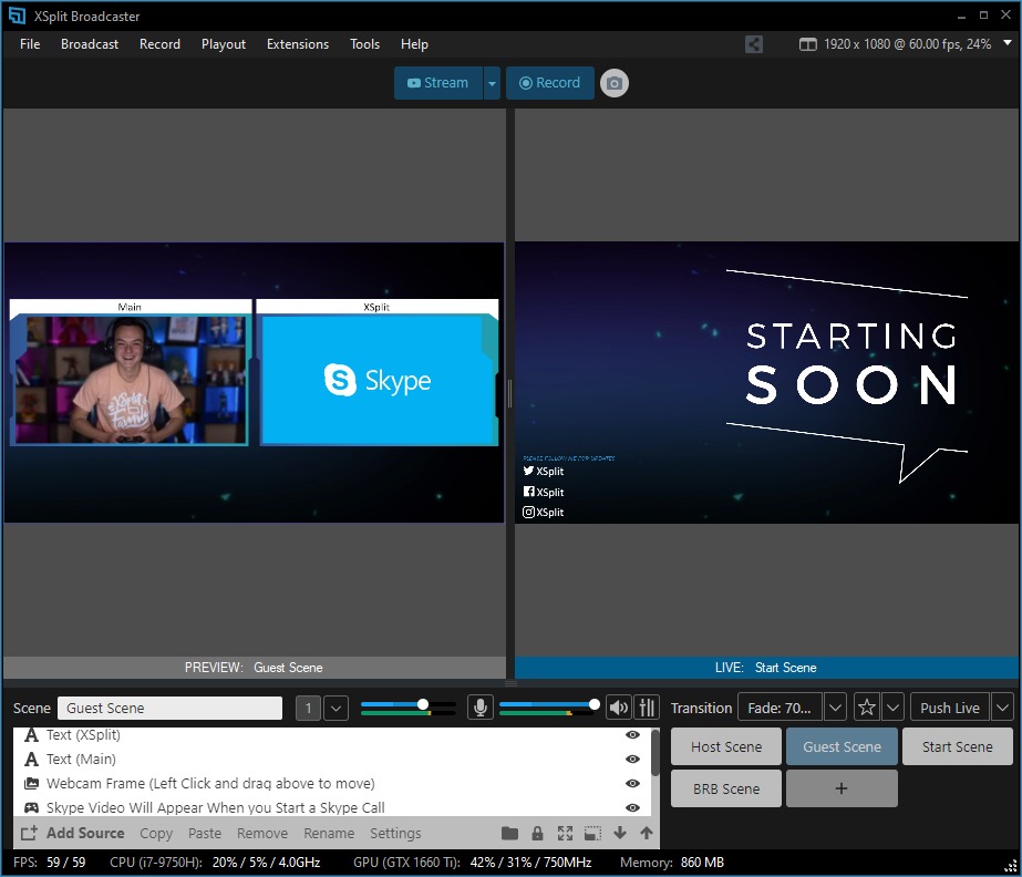 Интерфейс XSplit Broadcaster со сценой, источниками и панелью управления трансляцией