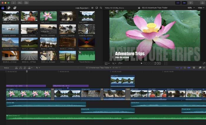Интерфейс Final Cut Pro с браузером событий, просмотром и Magnetic Timeline