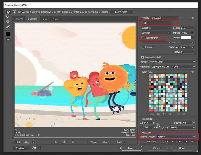 Окно Save for Web в Adobe Photoshop с настройками GIF