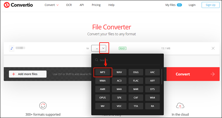 Интерфейс Convertio с выбором выходного формата MP3