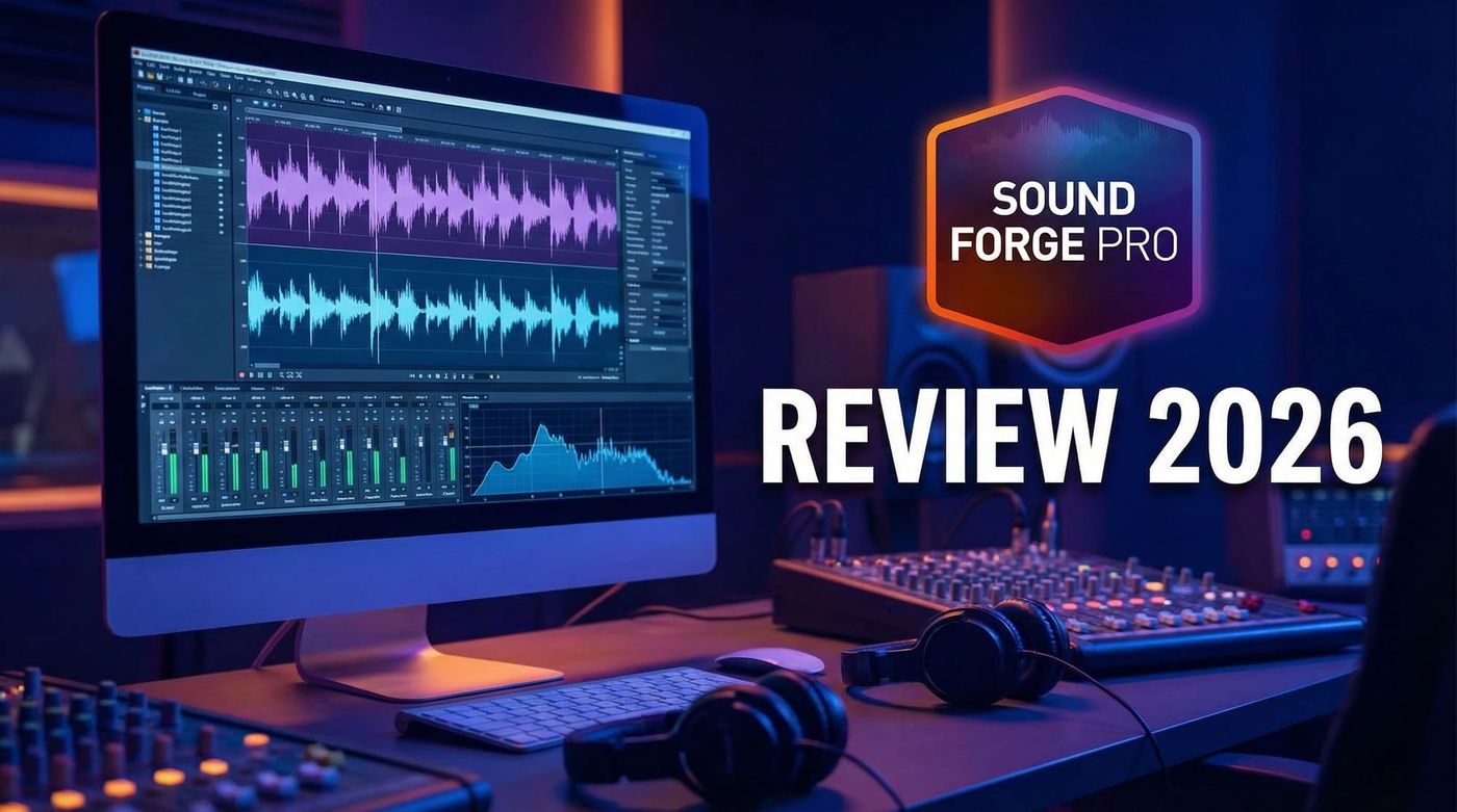 Интерфейс Sound Forge Pro с волновой формой, цепочкой плагинов и спектральным анализом