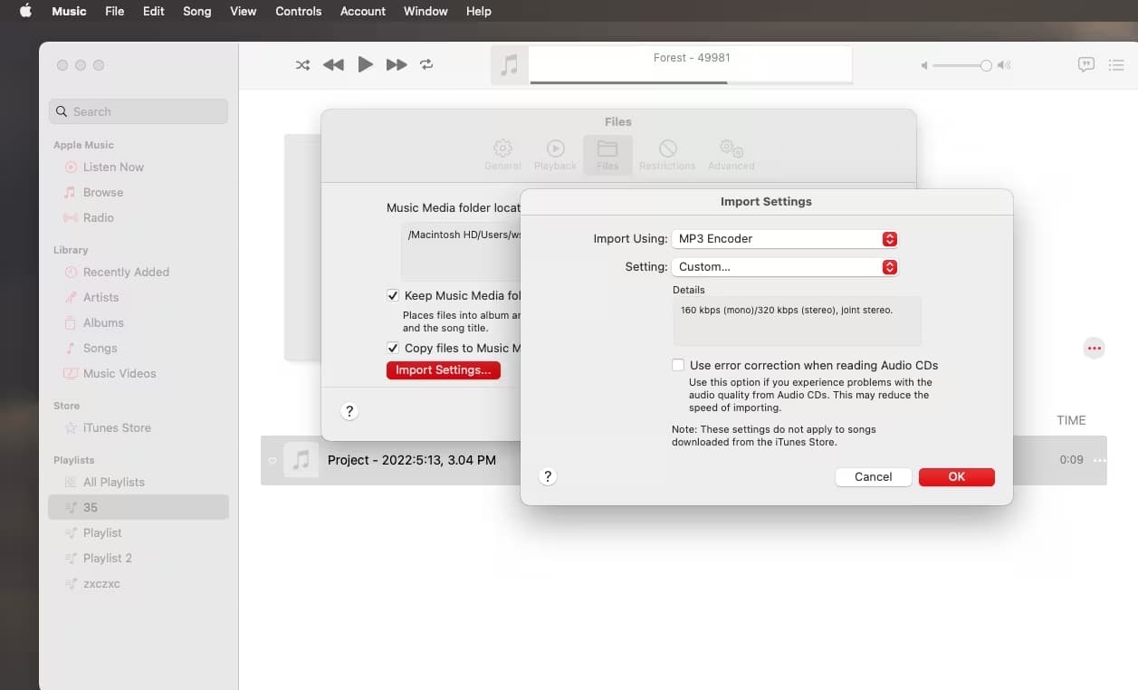 Apple Music на Mac с окном Import Settings и выбранным MP3 Encoder
