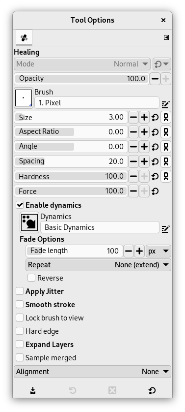 Панель Tool Options инструмента Heal в GIMP 3.2