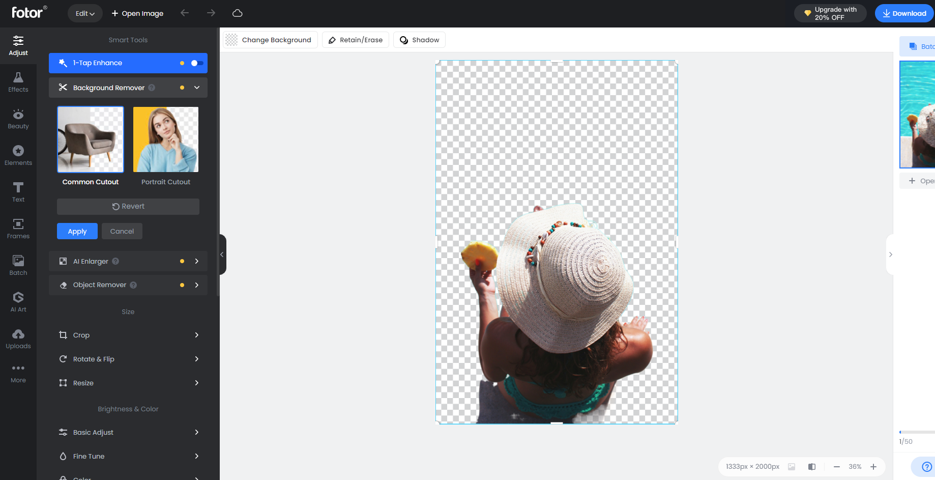 Интерфейс Fotor с инструментом Background Remover и прозрачным фоном