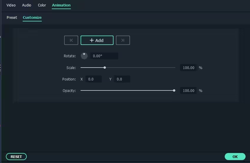 Animation Customize и Opacity в Wondershare Filmora