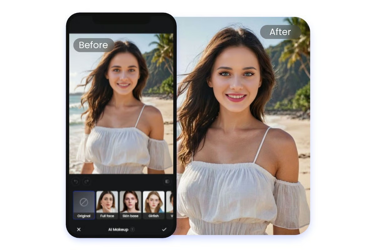 Интерфейс Fotor AI Makeup с выбором стиля макияжа