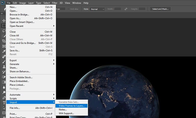 Меню Photoshop File Import Video Frames to Layers для импорта MP4 по кадрам
