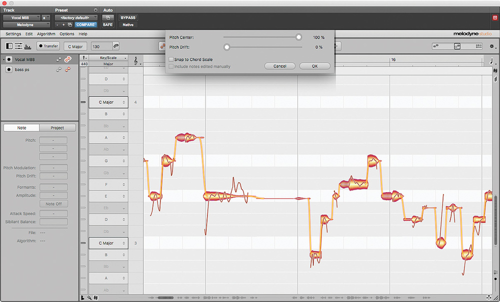 Интерфейс Celemony Melodyne 5 с нотами вокала и кривой высоты