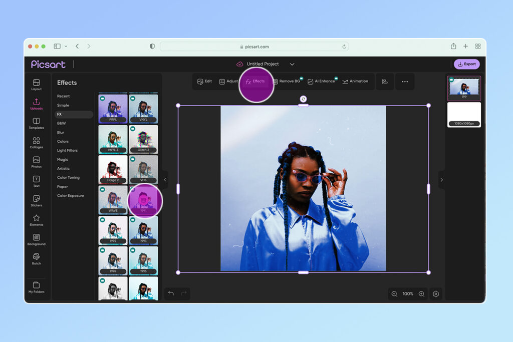 Веб-редактор Picsart с открытой панелью Effects
