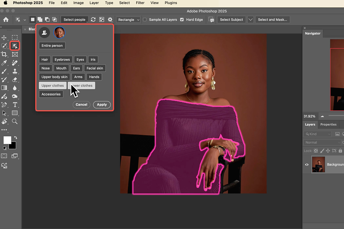 Интерфейс Photoshop с инструментом Select people и выбором частей человека включая Facial skin