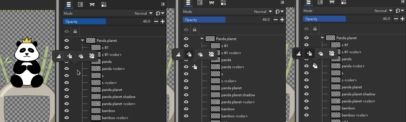 Интерфейс GIMP с панелью слоев и настройками блокировки слоя