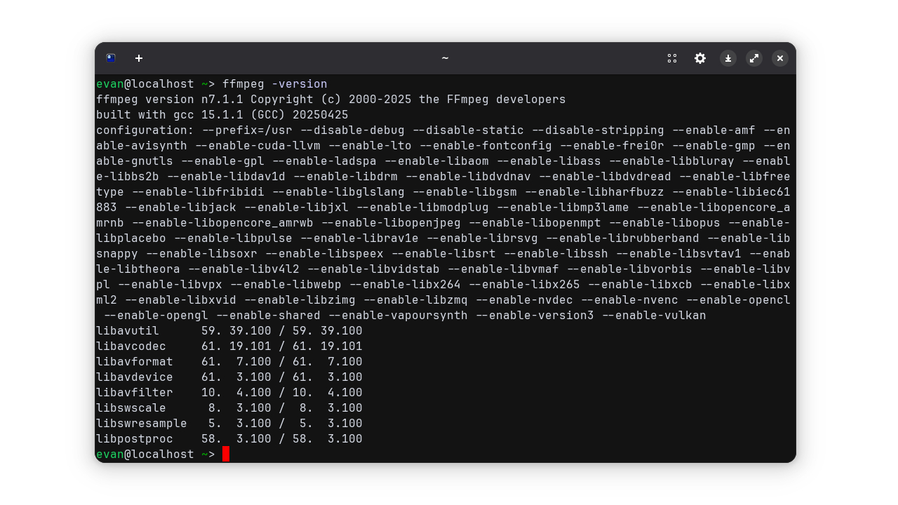 FFmpeg в окне терминала с выводом информации о версии и сборке
