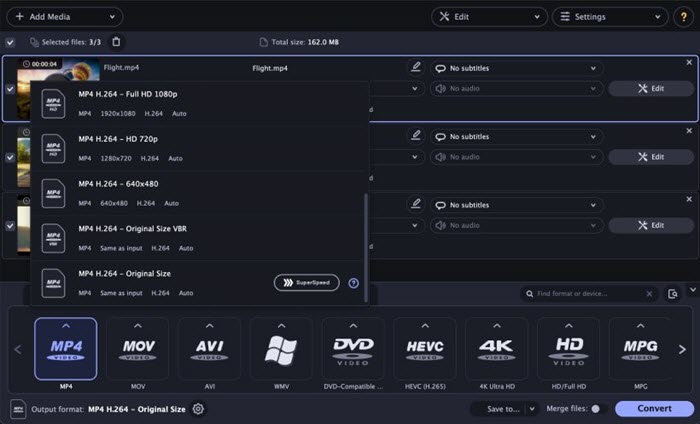 Movavi Video Converter с тремя файлами в очереди и раскрытым списком профилей MP4