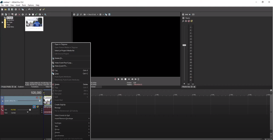 Пункт Properties у видеособытия в VEGAS Pro