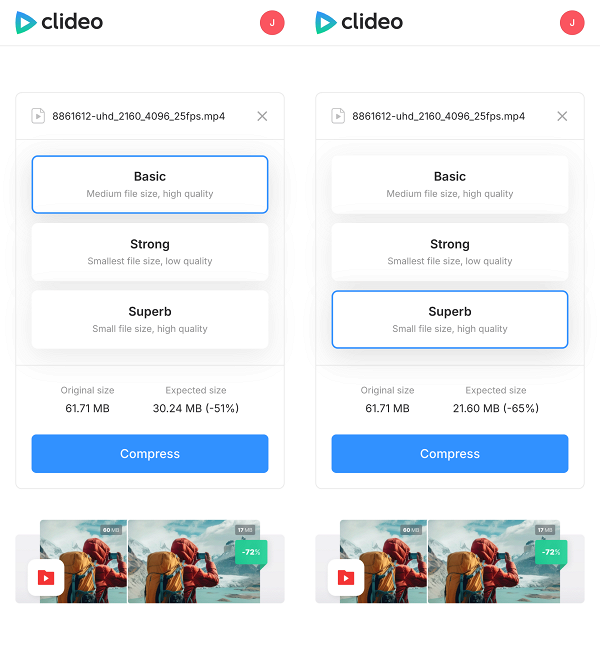 Интерфейс Clideo с режимами Basic, Strong и Superb и оценкой размера после сжатия