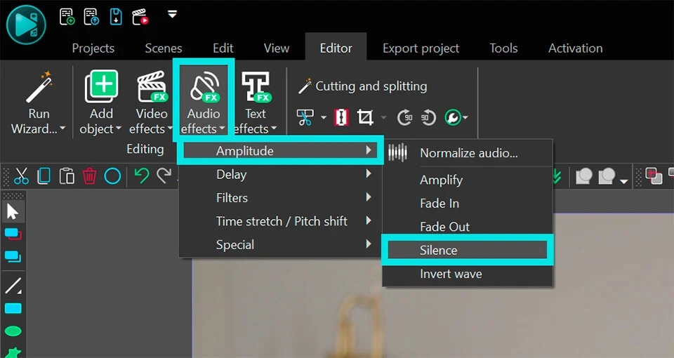Меню VSDC Audio effects Amplitude Silence