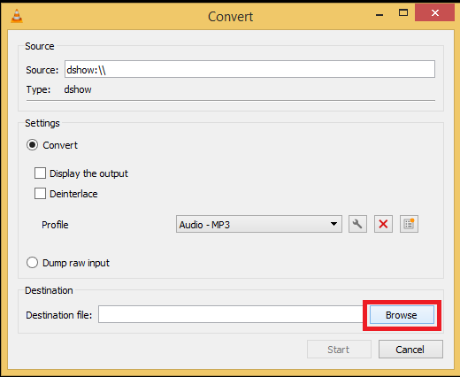 Окно VLC с выбором файла назначения