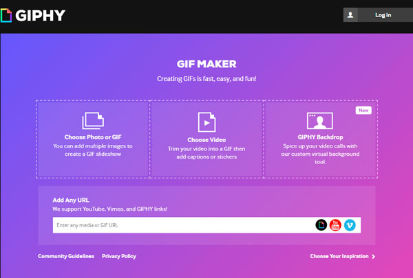 Интерфейс GIPHY GIF Maker с загрузкой видеофайла и поля для ссылки