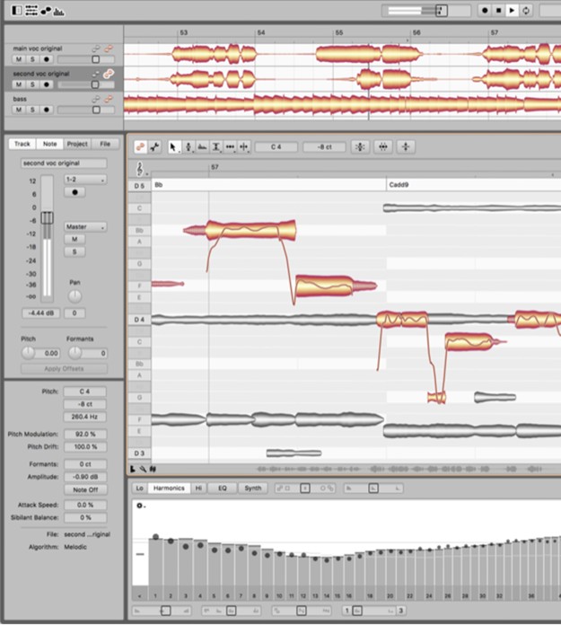 Melodyne 5 с нотами-блоками и кривыми высоты вокала