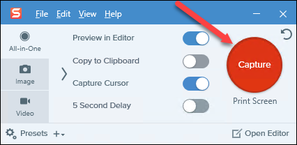 Окно захвата Snagit с настройками перед началом записи