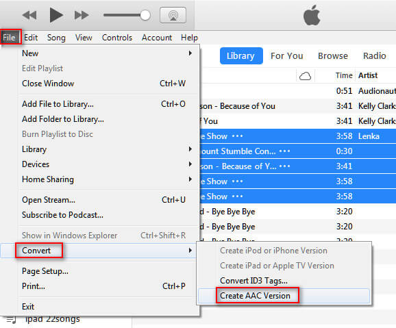 Меню iTunes File Convert Create AAC Version