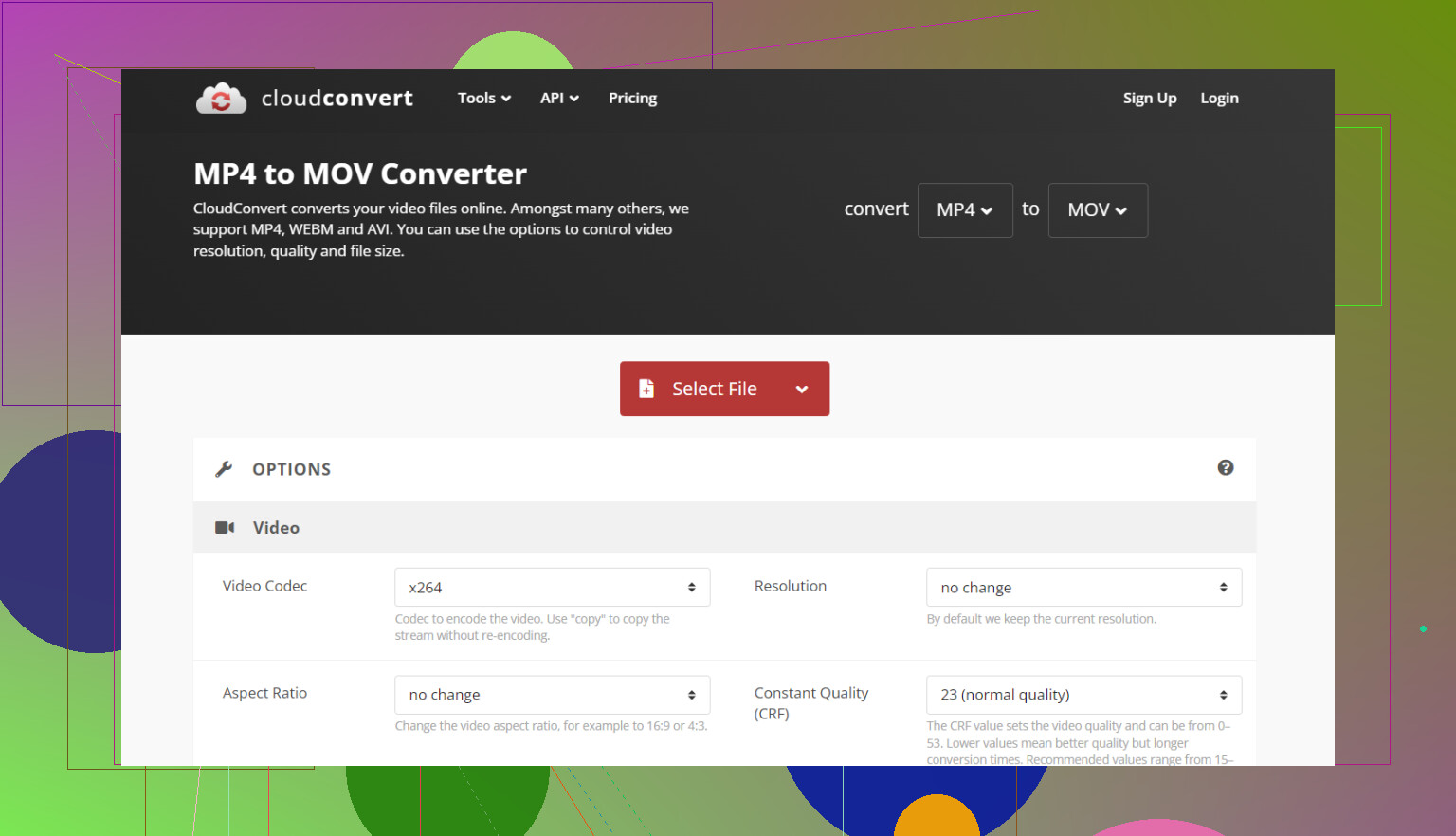 Интерфейс CloudConvert MP4 to MOV с кнопкой Select File и параметрами видео