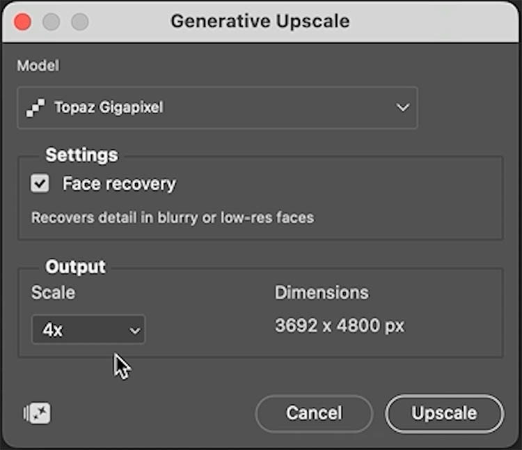 Окно Generative Upscale в Photoshop с выбором модели и масштаба 4x