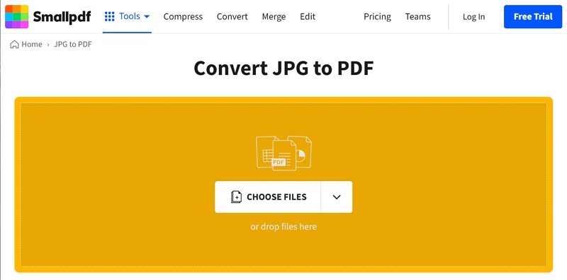 Интерфейс Smallpdf JPG to PDF с загруженными изображениями и настройками страницы