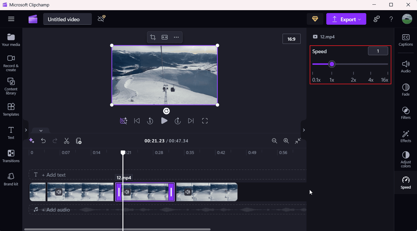 Панель Speed в видеоредакторе Microsoft Clipchamp