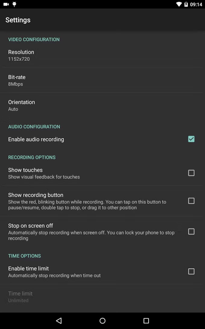 Экран настроек AZ Screen Recorder с разрешением, битрейтом и записью аудио