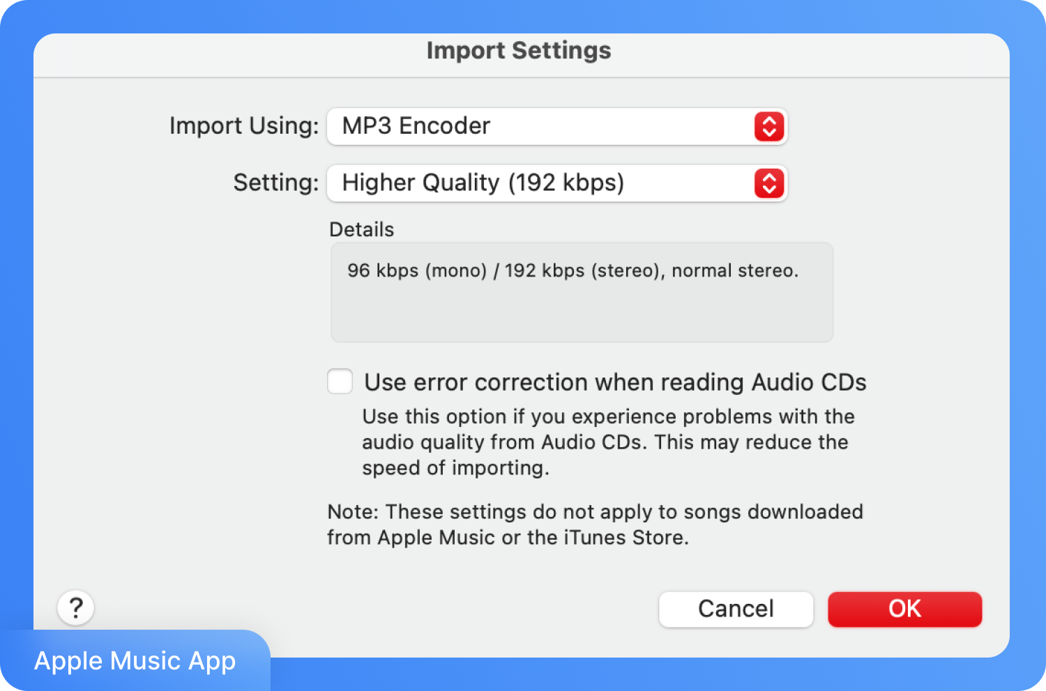 Окно Import Settings в Apple Music на Mac с выбранным MP3 Encoder